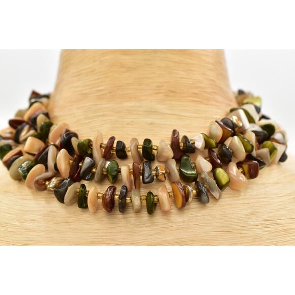 Japan Vintage Beaded Collar Necklace Multi-Strand Stone 1960s Signed BinBH - Picture 1 of 12